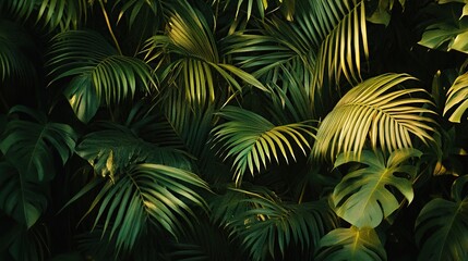 A dense collection of tropical leaves creates a dark, lush backdrop, illuminated by subtle golden light, evoking a sense of exotic tranquility.