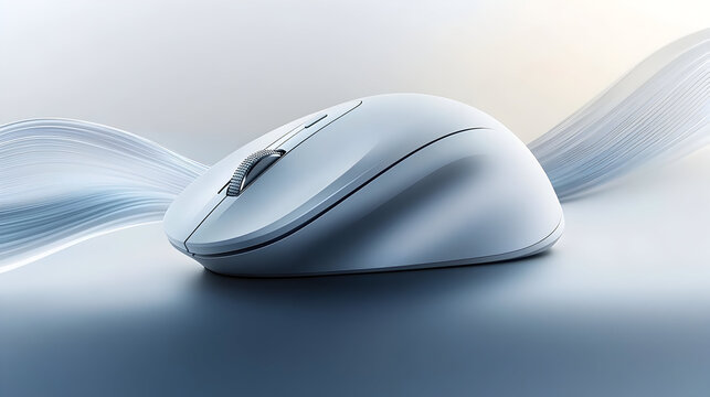 A white wireless computer mouse on a light blue surface. - Powered by Adobe