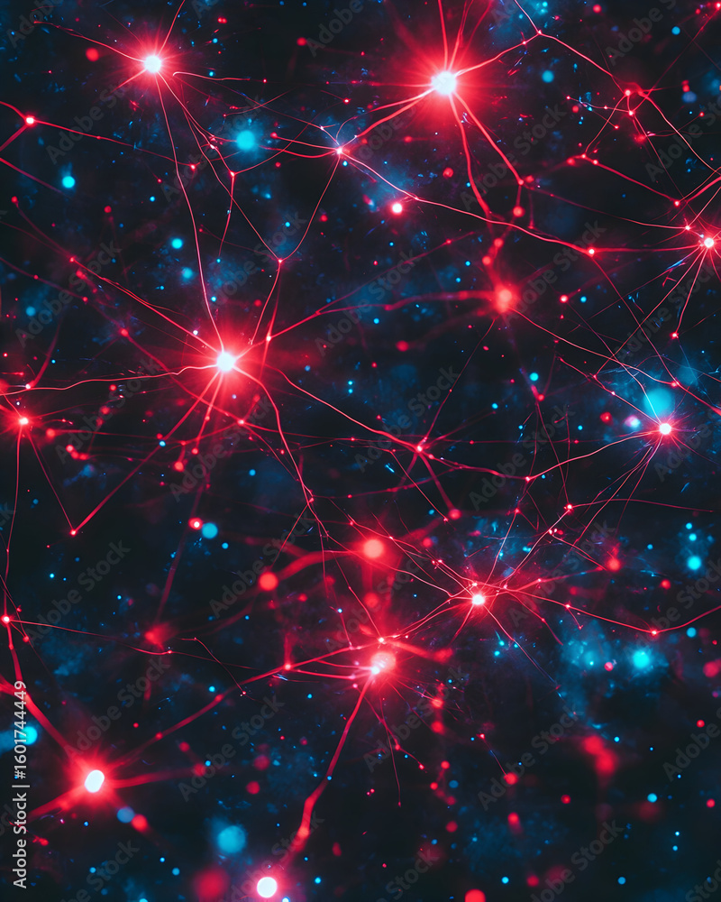 Poster abstract image of a network of glowing red and blue nodes and connections.
