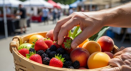 Hand selecting fresh strawberry from a woven basket filled with fruits at outdoor market, concept for healthy food choices, local farm support, and culinary event promotion