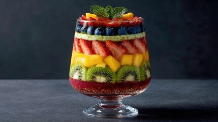 Colorful layered fruit parfait in a glass bowl.