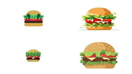 Four cartoon burgers with different sizes, fillings and perspectives