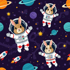 Adorable bunnies in spacesuits floating in space. Perfect for children's books, textiles, or websites.