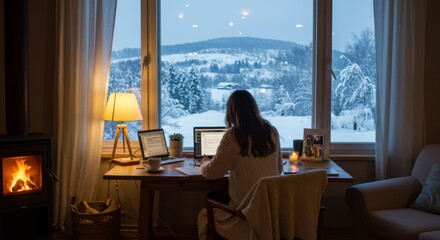 Cozy winter work session by a snowy window