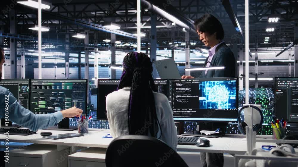 Poster team leader supervising technicians in server room using ai to review infrastructure diagnostics. as