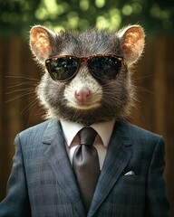 A raccoon dressed in a stylish suit and sunglasses poses confidently in front of a wooden fence.