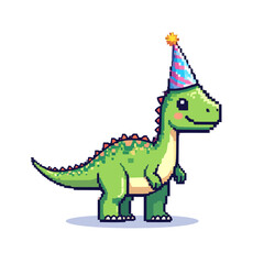 Obraz premium Adorable pixel art dinosaur wearing a party hat.
