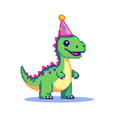Obraz premium Happy pixel art dinosaur wearing a party hat.