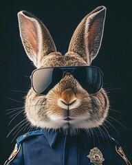 A cool rabbit wearing sunglasses and a police uniform stands confidently against a dark background, exuding a cool and professional vibe.