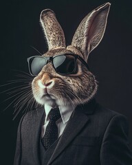 A stylish rabbit wears a black suit, tie, and sunglasses, exuding an air of cool confidence and mystery.