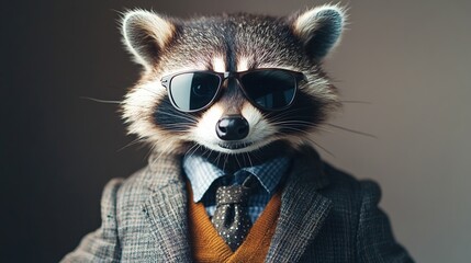 A fashionable raccoon wears sunglasses, a suit, and a tie, exuding a cool and sophisticated vibe.