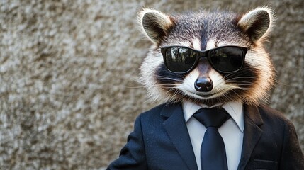 A raccoon is dressed in a black suit and tie, wearing sunglasses, and posing confidently against a textured stone wall.