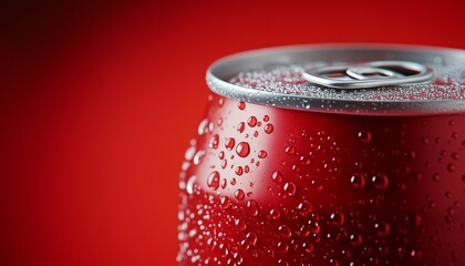 Soda can red container with water droplet closeup view