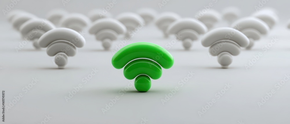 Poster unique green wifi symbol amidst grid of identical gray icons representing weak signal concept