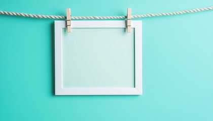 White blank photo frame mockup hanging on rope with clip pin isolated background