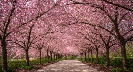 Naklejka premium Blossoming cherry trees line a pathway