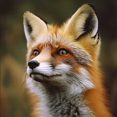 A beautiful red fox with golden eyes looks upwards with a curious expression, set against a blurred green forest background.