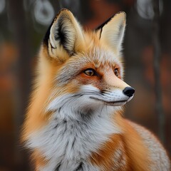 A beautiful red fox with white markings sits in a forest, looking intently to the side with a curious expression.
