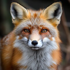 A beautiful red fox with a white chest and paws stares directly at the camera with intense golden eyes, showcasing its wild and intelligent nature.
