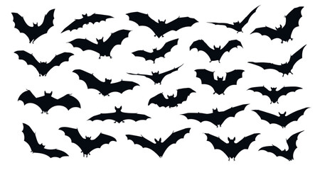 Fototapeta premium Black bat silhouettes. Halloween scary vampire animals, flying bats shadow vector decoration