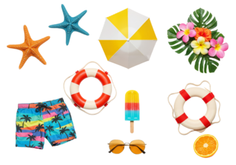 Summer Essentials: A vibrant collection of holiday essentials is arranged in a joyful composition. capturing the carefree essence of summer and the anticipation of a perfect vacation.