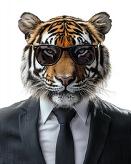 A majestic tiger wears a stylish suit, sunglasses, and tie, exuding an air of cool confidence.