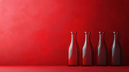 Four red glass bottles stand in a row on a red surface, creating a minimalist and dramatic composition.