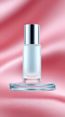 A frosted glass cosmetic bottle with a silver cap rests on a clear glass stand. The backdrop is a flowing, soft pink fabric, creating a luxurious and elegant feel.