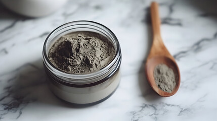 Gray cosmetic clay in a glass jar with a wooden spoon on a marble surface.