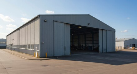 Large gray industrial building with wide doors