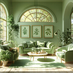 Green living room with arched window and plants