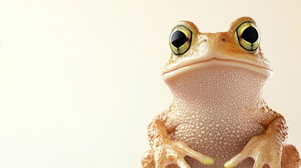 A small, tan frog with large, golden eyes stares directly at the camera on a plain white background. The frog has a textured skin and delicate feet, creating a captivating and detailed portrait.