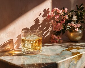 Luxury and Elegant Beverage Photography. A glass of whiskey sits on a marble surface beside blooming flowers, casting intricate shadows in soft light.