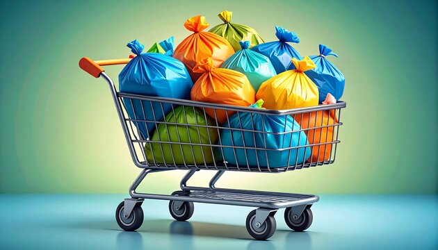 Shopping cart overflowing with colorful plastic bags (1)