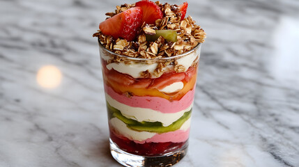 Layered parfait in a glass with yogurt, granola, strawberries, and kiwi.