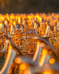 Many small golden objects arranged closely together outdoors