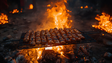 Meat skewers grilling over an open fire.