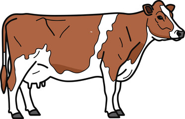 A brown and white illustration of a Jersey cow, depicted in profile, standing and looking forward,
