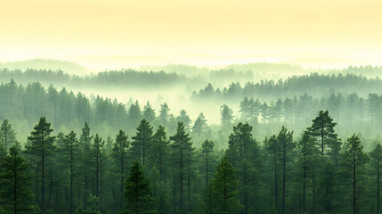 Mist-shrouded pine forest landscape viewed from a distance.