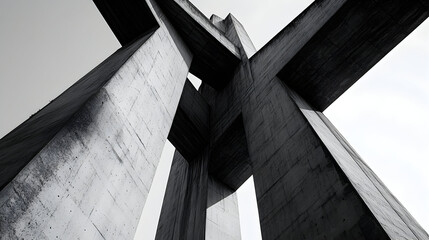 Low-angle view of intersecting concrete structures against a bright sky.