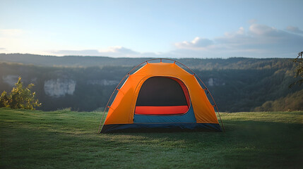 Orange tent pitched on a grassy hill overlooking a valley.