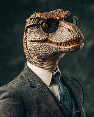 A realistic dinosaur mask is dressed in a formal business suit, complete with glasses and a tie, creating a humorous and surreal portrait.