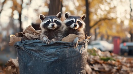 Two adorable raccoons sit together in a black trash can, surrounded by fallen autumn leaves and a blurred urban background.
