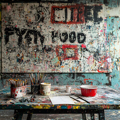 Paintbrushes, paint containers, and a blank sheet of paper on a paint-splattered table in front of a graffiti-covered wall.