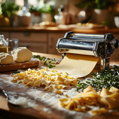 Pasta maker machine rolling dough on a wooden kitchen counter with fresh pasta and herbs.