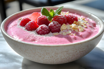 Pink smoothie bowl with raspberries and almonds in a white bowl on a marble surface.