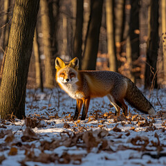 Red fox standing in a snow-covered forest.