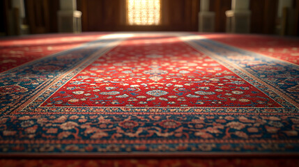 Red patterned carpet in a dimly lit room