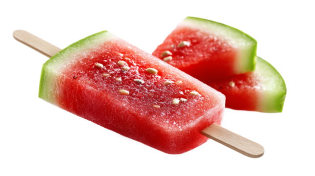 Watermelon slices are served on wooden sticks with transparent background.