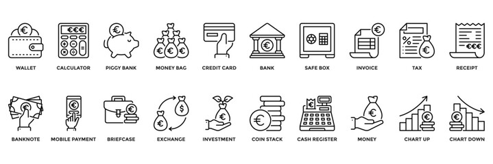 Finance vector icons with euro signs for apps and business. Includes wallet, bank, calculator, credit card, and investment icons. Ideal for fintech and accounting designs.